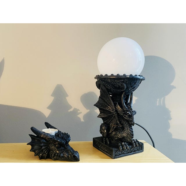 Black Resin Dragon Table Lamps with Candleholder, 1980s, Set of 2 For Sale - Image 16 of 17
