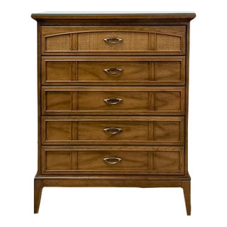 Dixie MCM Tallboy Dresser Woven Drawer Fronts Brass Pulls Vintage Furniture For Sale