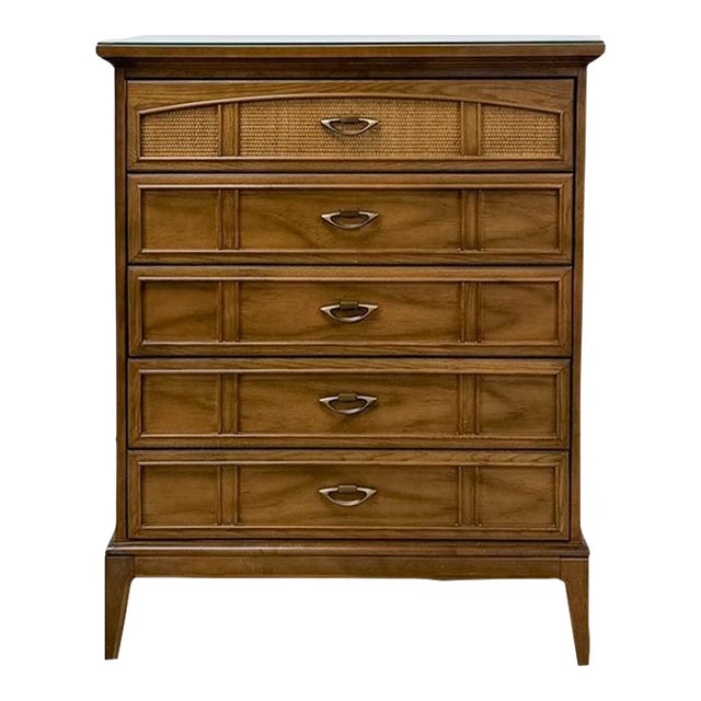 Dixie MCM Tallboy Dresser Woven Drawer Fronts Brass Pulls Vintage Furniture For Sale