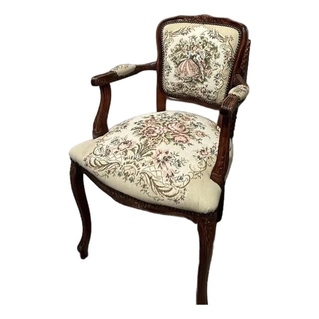 1950s French Louis XV Style Armchair Featuring a Carved Wood Frame and Needlepoint Tapestry Upholstery Depicting a Romantic Pastoral Scene For Sale