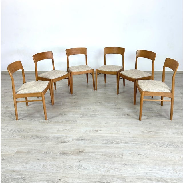 Dimensions: H 31.5” x W 18.3” x SD 16” x SH 18.5” Set of 6 Vintage Danish dining chairs designed by Henning Kjaernulf for...
