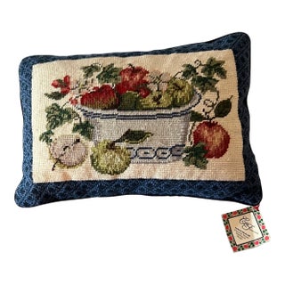 Handmade 1990s Fruit Bowl Motif Tapestry Woolen Needlepoint Pillow with Velvet Back For Sale