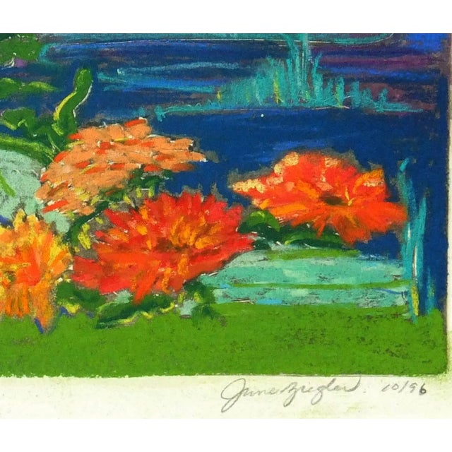 Traditional June Ziegler. Vibrant Colored Pastel With Blue Background- Waterside Bloom For Sale - Image 3 of 5