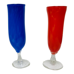 Vintage Signed Hand Blown Art Glass Footed Pilsner Glasses - Set of 2