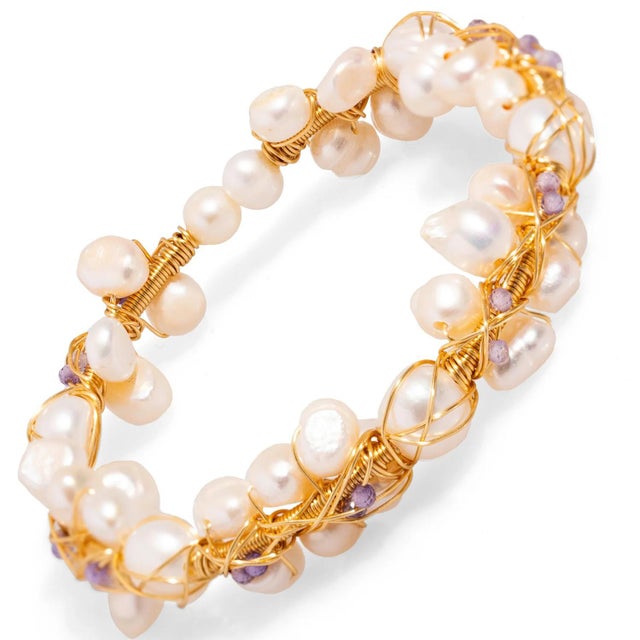 Early 21st Century Pearl Beads & Gold Elegant Wedding Cuff Bracelet For Sale - Image 5 of 7