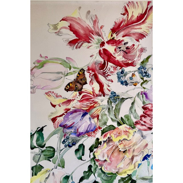 Large Floral Still Life Watercolor Painting With Butterflies, 1989, Modern Frame For Sale - Image 14 of 18