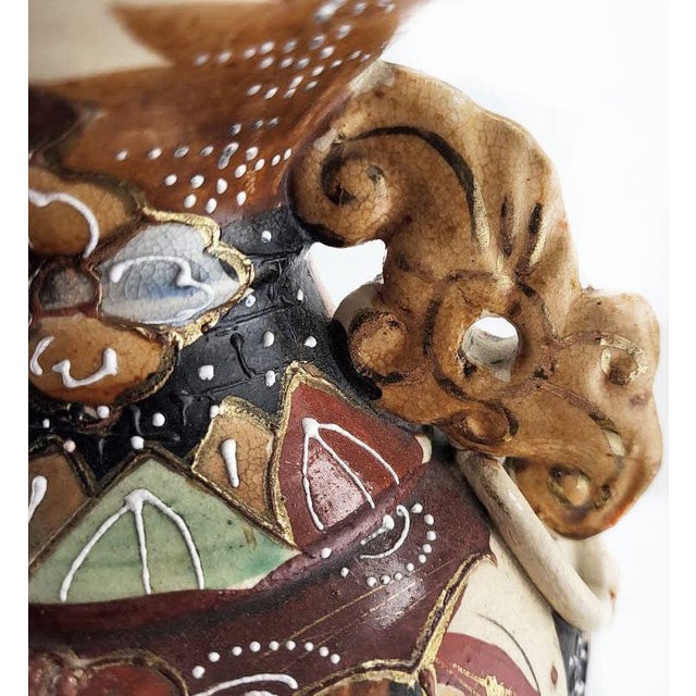 Ceramic Antique Japanese Moriage Satsuma Samurai Raised Relief Floral Handled Vase For Sale - Image 7 of 8