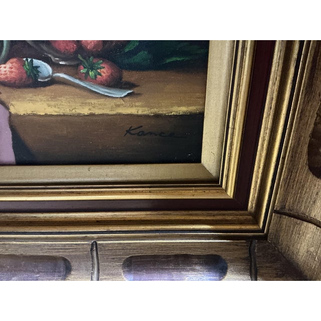Pair of Mid-Century Still Life Oil Paintings Signed Kance in Carved Gilt Wooden Frames For Sale - Image 10 of 11