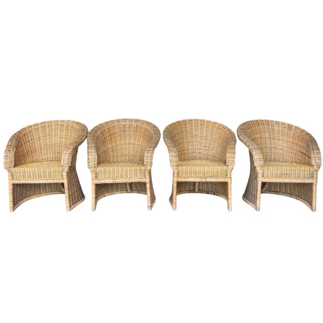 Brown Vintage Organic Modern Wicker Pedestal Dining Table & 4 Barrel Chairs, 48” Glass Top For Sale - Image 8 of 17