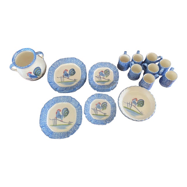 Vintage Rustic Farmhouse Country Blue Stipple Rooster Los Angeles Potteries Dish Set- 24 Pieces For Sale