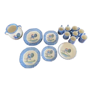 Vintage Rustic Farmhouse Country Blue Stipple Rooster Los Angeles Potteries Dish Set- 24 Pieces