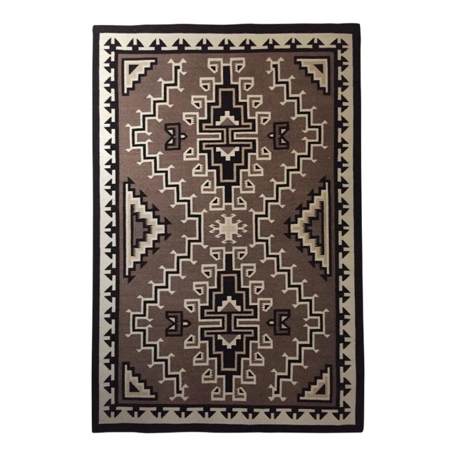 Early 20th Century Vintage Framed Two Grey Hills Navajo Indian Rug, 6.25 X 4.13 Ft For Sale
