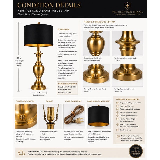 Late 20th Century Large Solid Brass Urn Table Lamp With New 17” Black & Gold Drum Shade | Classic Traditional For Sale - Image 4 of 5