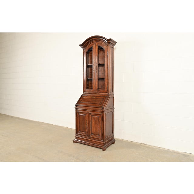 French Provincial Guido Zichele Style Italian Provincial Carved Walnut Drop Front Secretary Desk With Lighted Bookcase Hutch, Circa 1970s For Sale - Image 3 of 18