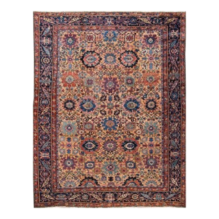 Antique Mahal Handmade Tan Wool Rug With Multicolor Floral Design For Sale