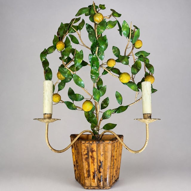 Wood Mid 20th Century Hollywood Regency Italian Lemon Tole Tree Iron Wall Sconce W/ Bamboo Pot For Sale - Image 7 of 7