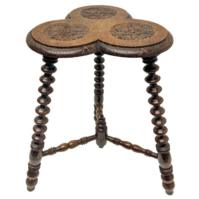 Carved Oak Side Plant Table with Bobbin Legs and Trefoil Top, 1920s For Sale