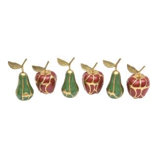 Vintage Enamel and Brass Pear and Apple Sculpture Objects, Green and Red Set of 6 For Sale