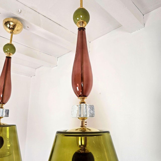 Metal Olive Green, Mid Century Modern, Murano Glass Pendant Lights - a Pair For Sale - Image 7 of 14