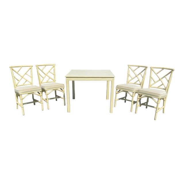 Vintage Coastal Boho Beige Rattan Dining Table and 4 Chippendale Chairs - Set of 5 For Sale