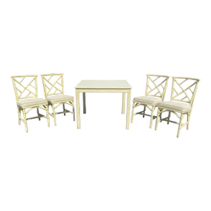 Vintage Coastal Boho Beige Rattan Dining Table and 4 Chippendale Chairs - Set of 5