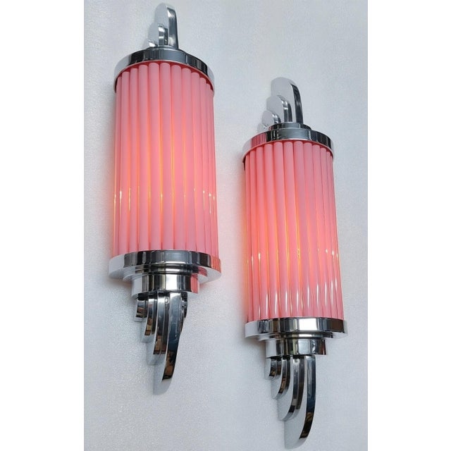 Skyscraper Vintage Art deco light Old Lamp Wall Sconces Fixture Nickel Brass & Pink Glass Rod Ship Light Excellent Working...