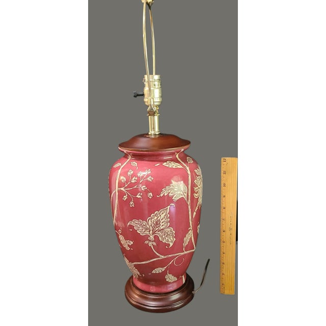 Vintage Asian Inspired Painted Chrysanthemum Floral Red Table Lamp For Sale - Image 6 of 10