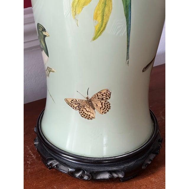 Celadon 1960s English Hand Rendered Decalcomania Regency Style Table Lamp With Birds and Butterflies For Sale - Image 8 of 11