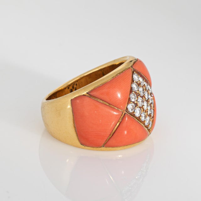 Modern 80s Vintage Coral Diamond Cigar Band 18k Yellow Gold Sz 6.25 Ring Fine Jewelry For Sale - Image 3 of 7