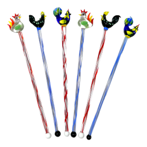1990s Hand-Blown Glass Cocktail Swizzle Stir Sicks Chicken Rooster Lamp Work Details - A Set of 6