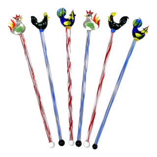 1990s Hand-Blown Glass Rooster Swizzle Sticks – Set of 6 For Sale