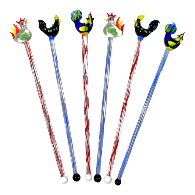 1990s Hand-Blown Glass Rooster Swizzle Sticks – Set of 6 For Sale
