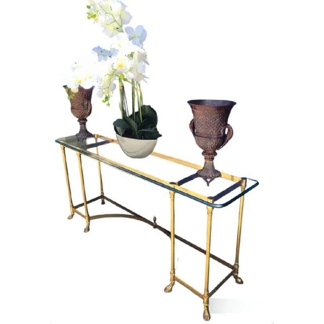 Vintage Italian Brass Hooved Feet Glass Top Mid Century Modern Traditional Console Table For Sale - Image 9 of 11
