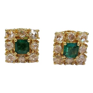 Set in 18k Gold, Natural Zambian Emerald & Yellow Rose Cut Diamonds Stud Earrings, Pair For Sale