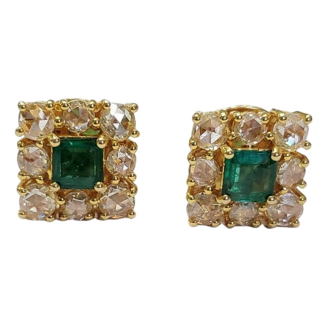 Set in 18k Gold, Natural Zambian Emerald & Yellow Rose Cut Diamonds Stud Earrings, Pair For Sale