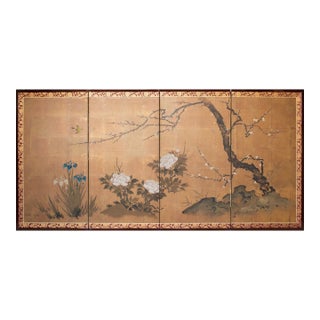 "Plum Blossom, Peony, Iris", 1970s Showa Era Japanese Painted Byobu Screen For Sale