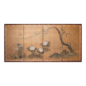 "Plum Blossom, Peony, Iris", 1970s Showa Era Japanese Painted Byobu Screen