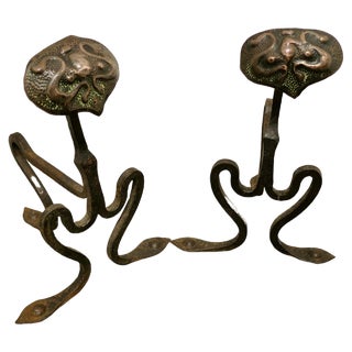 Arts and Crafts Copper and Iron Fire Dogs, 1880s, Set of 2 For Sale