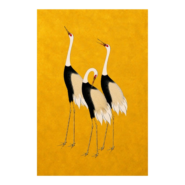 Japanese Crane Wall Art, Gold Decorative Bird Print, 20" X 30" For Sale
