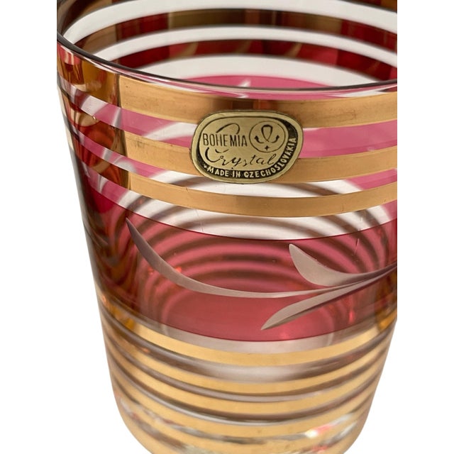 Mid-Century Modern Bohemian Czech Glass Tumblers Set of 6 Cranberry Floral Gold Vintage For Sale - Image 3 of 7