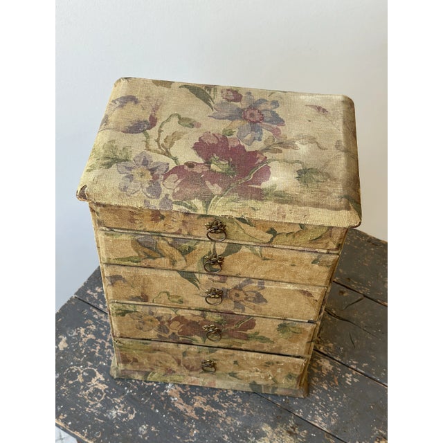 Antique Floral-Printed Fabric Covered Tabletop Haberdashery Cabinet, Circa Early 20th Century For Sale - Image 9 of 17