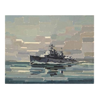 1967 Mid-Century Modern "The Navy Ship" Swedish Vintage Abstract Seascape Oil Painting, Unframed For Sale