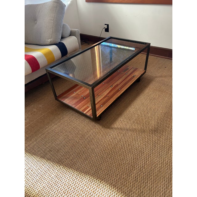 Industrial Custom Made Metal and Chicken Wire Glass Coffee Table on Casters For Sale - Image 10 of 10