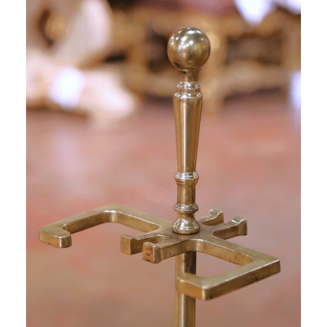 Metal French Louis XVI Style Brass Serviteur With Five Fireplace Tools and Stand For Sale - Image 7 of 11