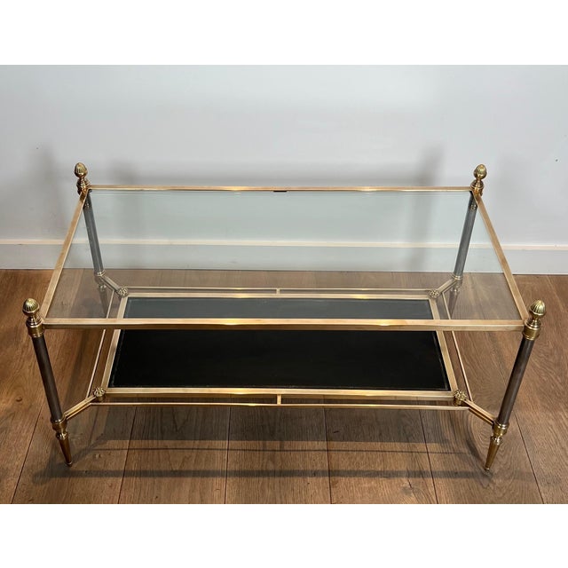 Maison Jansen 1940s Brass coffee table with black leather and glass shelves Attributed to Maison Jansen For Sale - Image 4 of 12