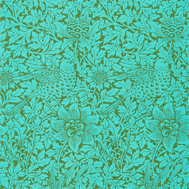 Morris & Co Bird & Anemone Wallpaper in Olive/Turquoise For Sale