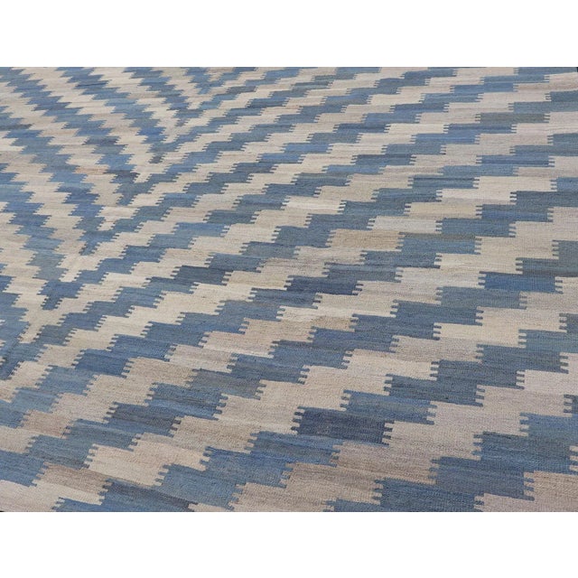 Hand Woven Flat-Weave Kilim Rug With a Modern Design in Blue and Creams For Sale - Image 9 of 13