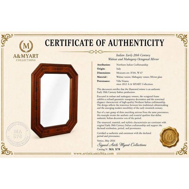 20th Century Art Decò Italian Walnut and Mahogany Octagonal Mirror from Bassanos Ebanistery, 1920s For Sale - Image 3 of 7