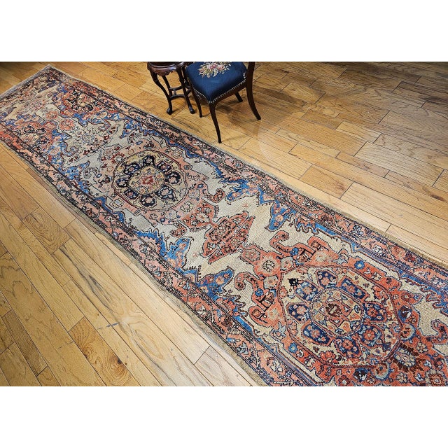 Antique Persian Malayer Runner Rug, Hand-Knotted Wool, Geometric Pattern, 4x20, Ivory & Blue For Sale - Image 13 of 14