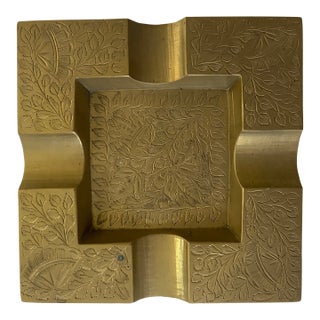 Vintage Hand-Engraved Solid Brass Ashtray, Made in India For Sale